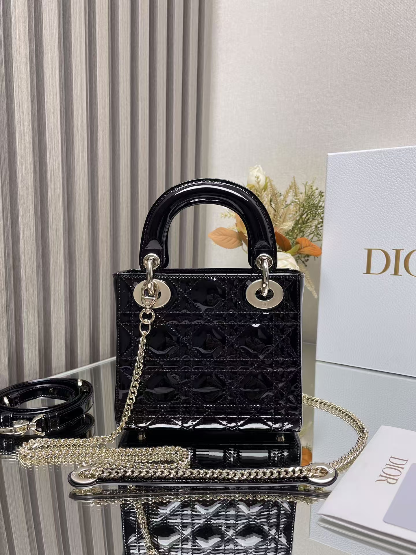 Lady Dior Small Black Patent Leather Bag