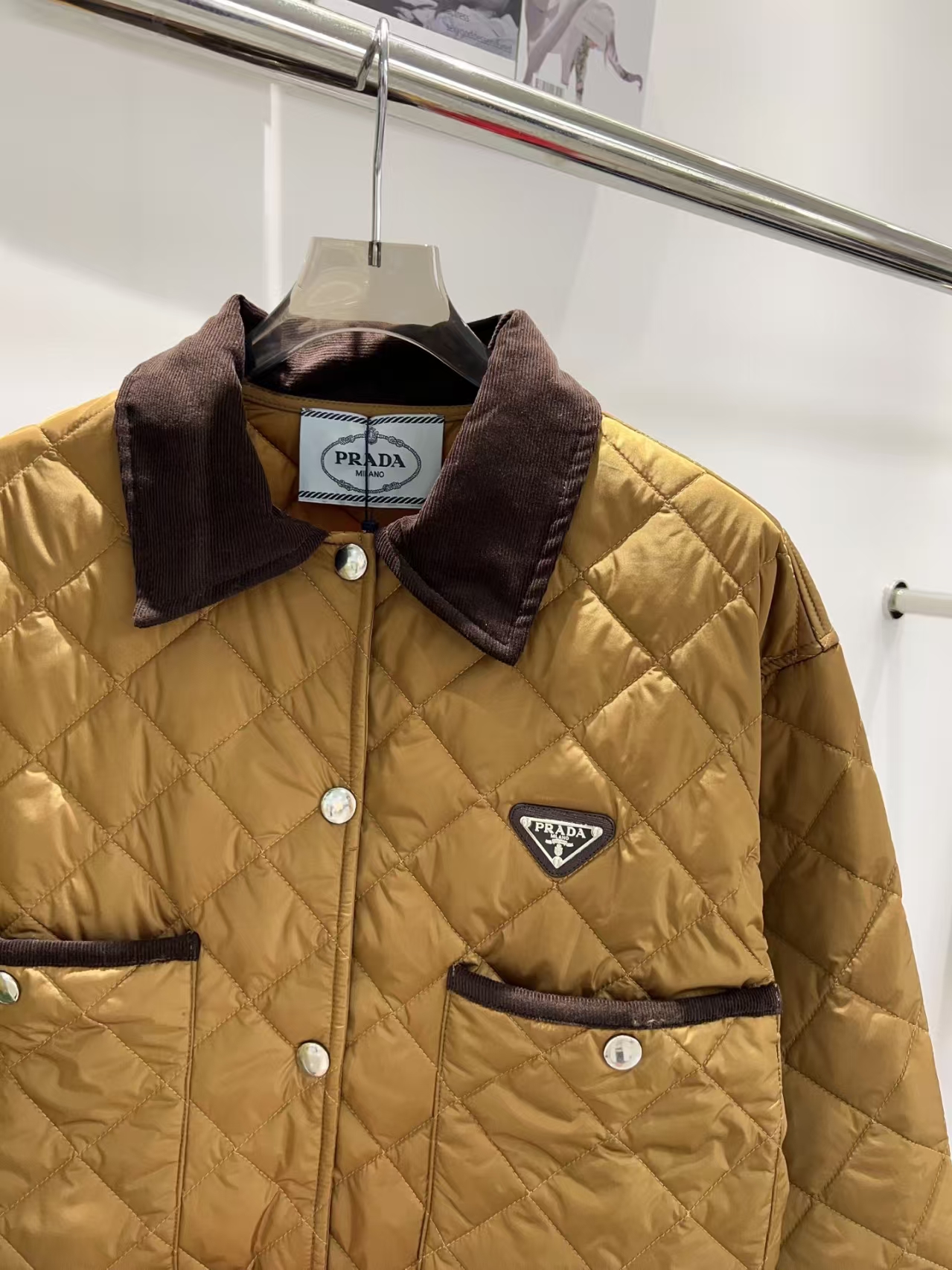 Prada Lightweight Re-Nylon Short Jacket in Cork Beige - Quilted, Corduroy Trim