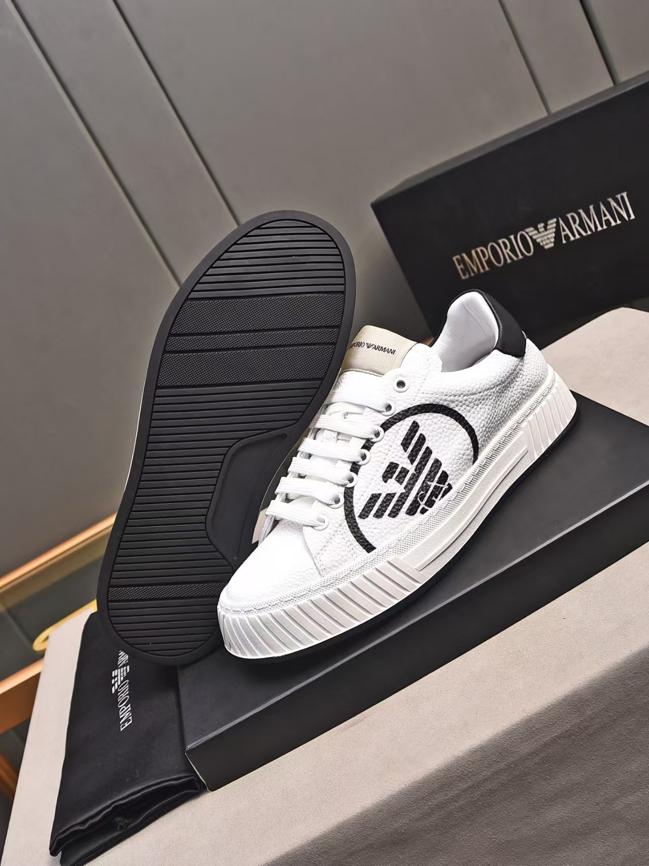 Emporio Armani White & Black Calfskin Casual Sneaker | Modern Leather Athletic Shoe