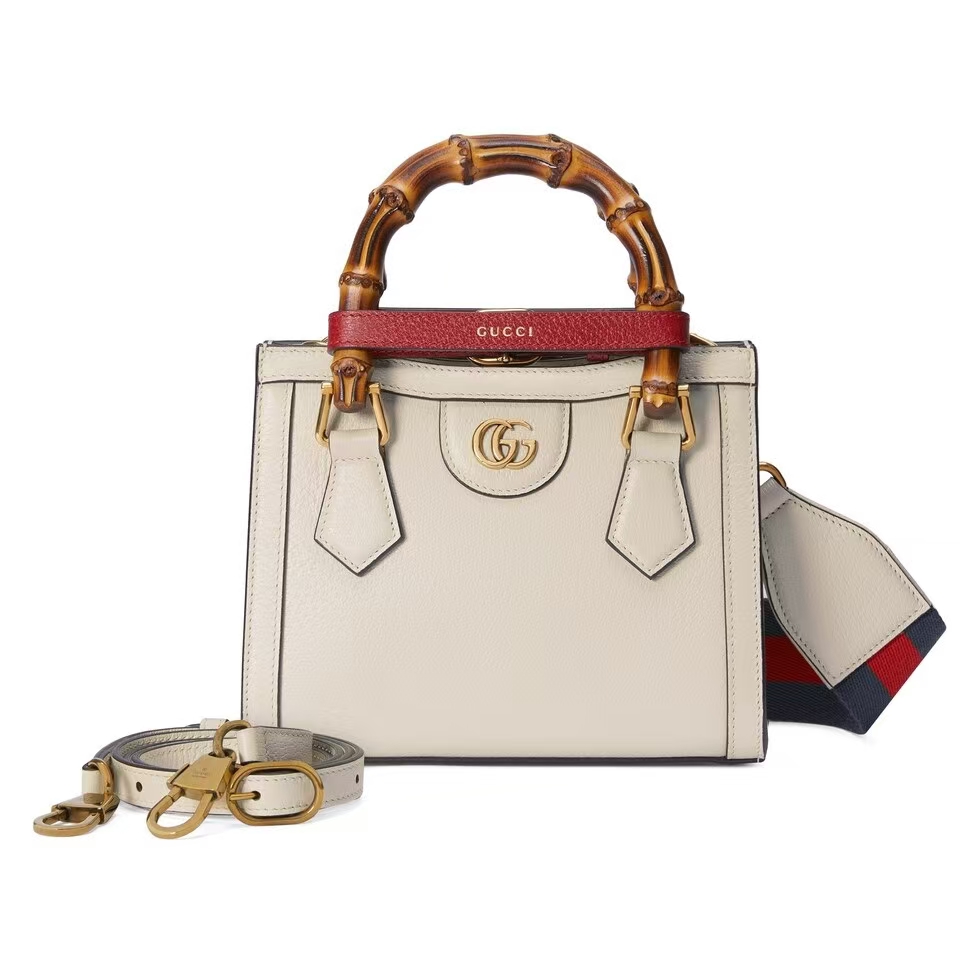Gucci Diana Small Bamboo Tote Bag | White Leather with Detachable Neon Straps
