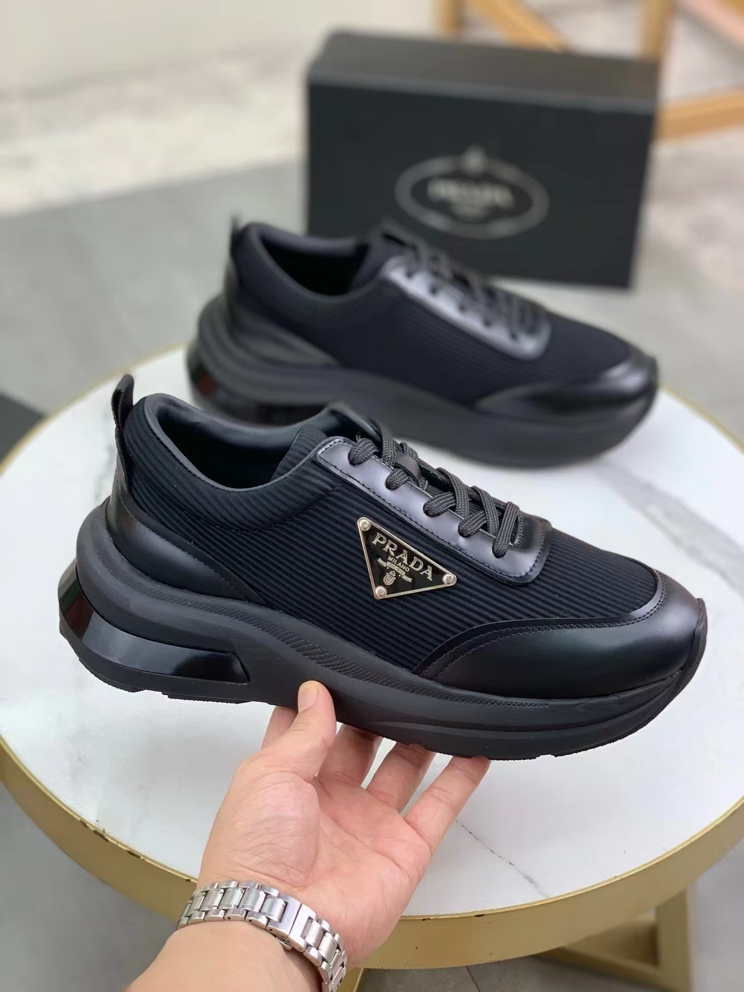 Prada New Arrival Men's Black Leather Sneaker | Premium Casual Athletic Shoe