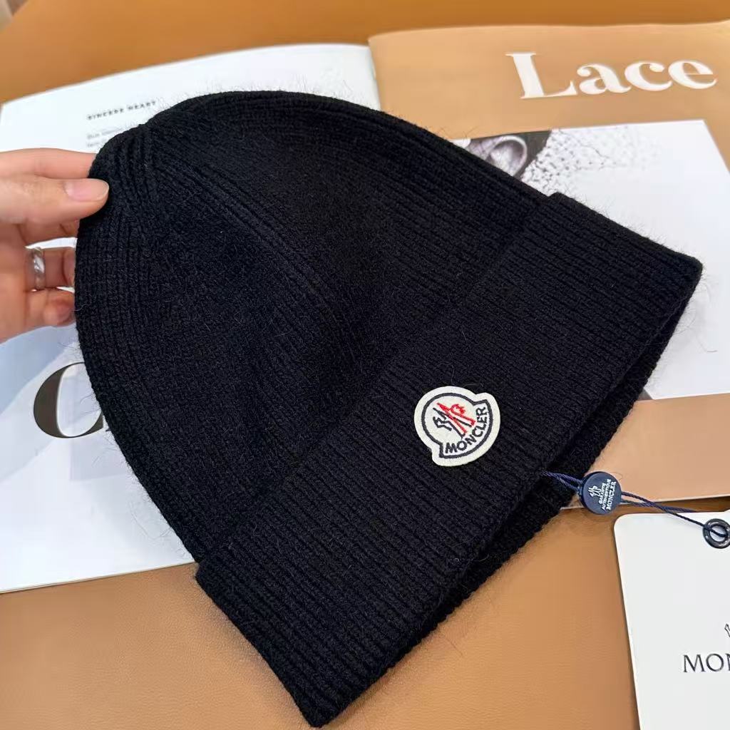 Moncler Black Wool Rib Knit Beanie with Logo Men's