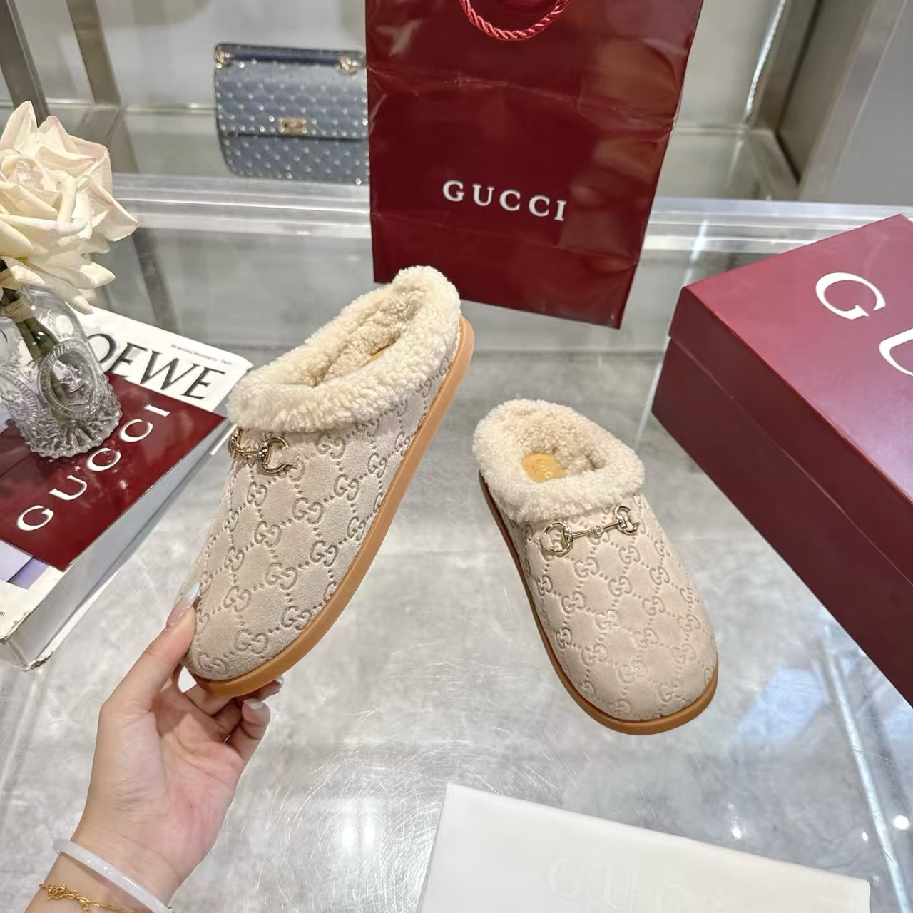 Gucci Women's Fall Winter New Arrival Almond Suede & Wool Slipper | Soft-Touch Indoor Slide