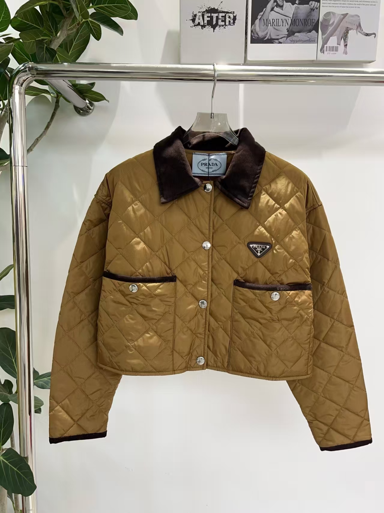 Prada Lightweight Re-Nylon Short Jacket in Cork Beige - Quilted, Corduroy Trim