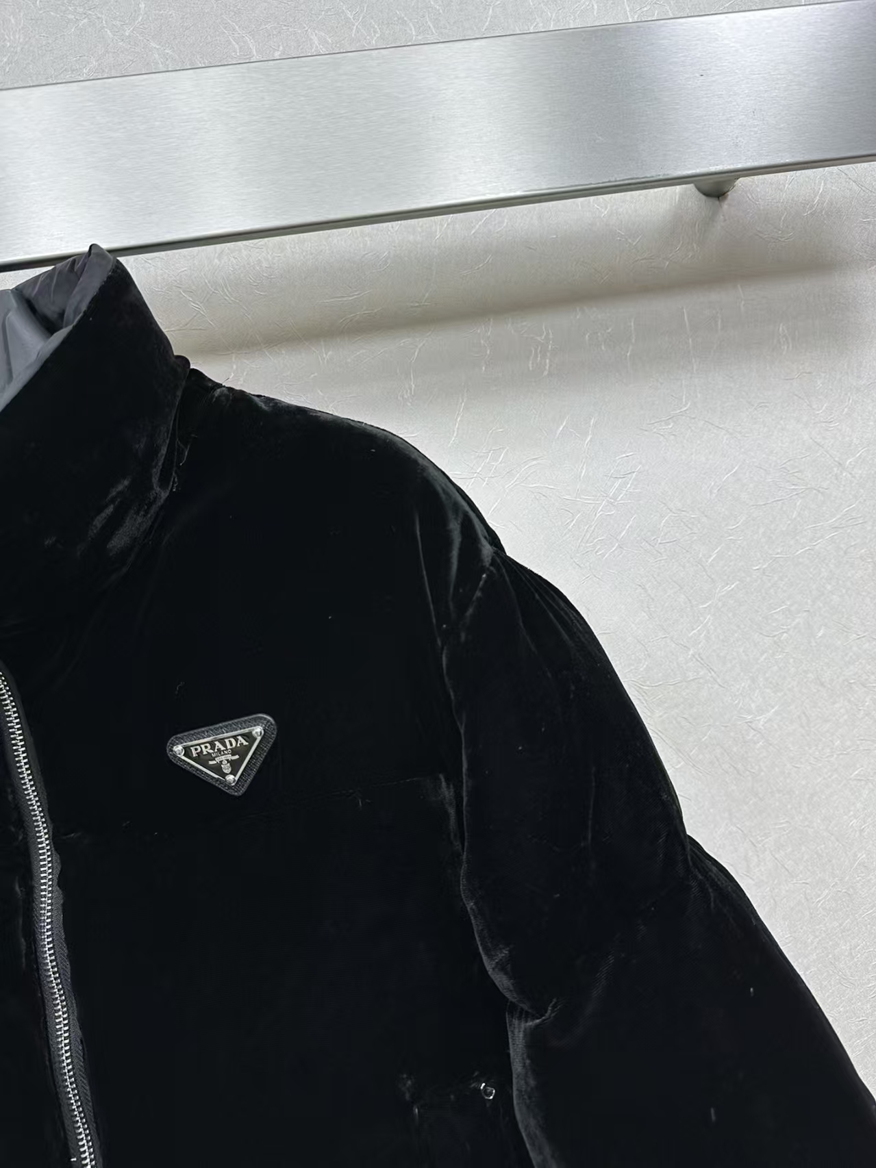 Prada Black Down Jacket with Velvet Trim and Detachable Sleeves