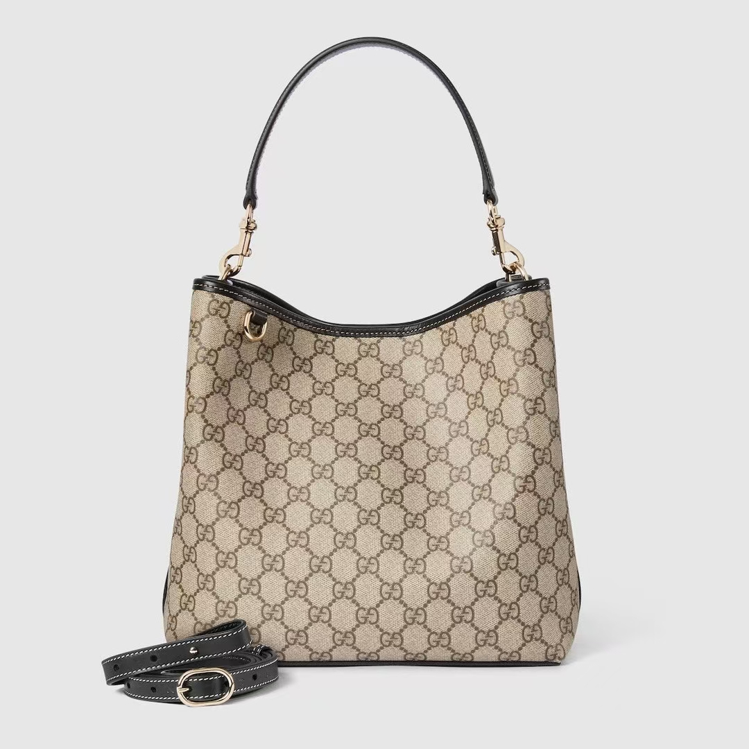 Gucci GG Emblem Medium Bucket Bag | Beige & Dark Brown GG Monogram Coated Fabric
