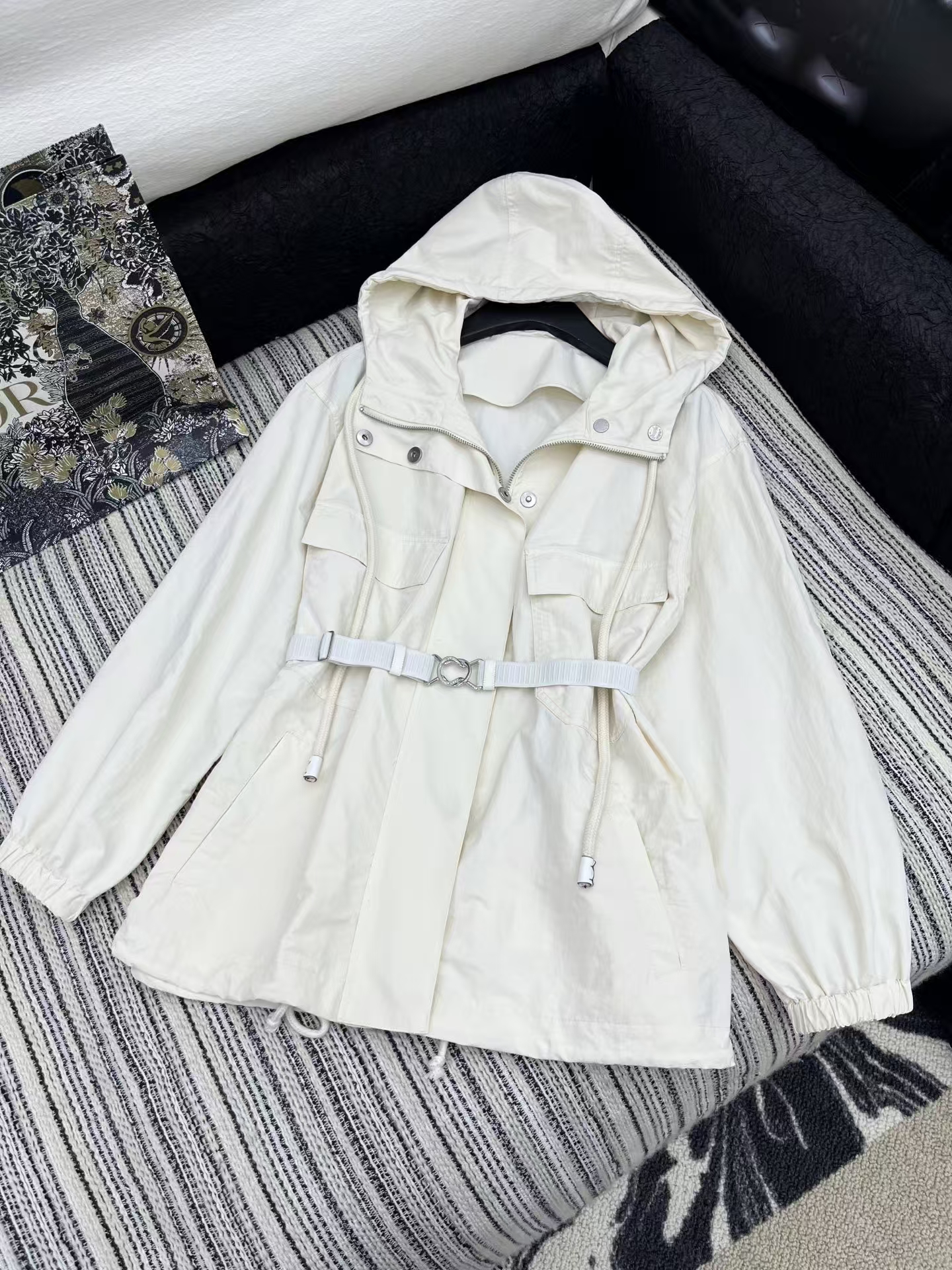 Prada Ivory Tech Crepe Short Jacket | Oversized Pleated Design with Elastic Waistban