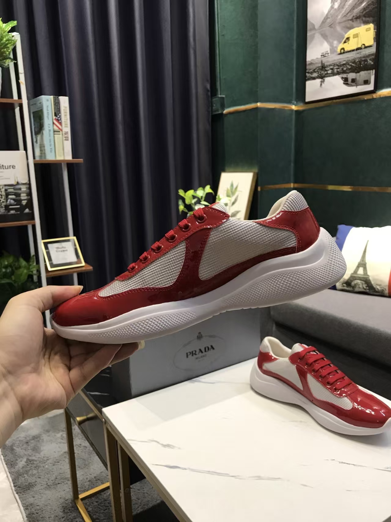 Prada Men's White & Red Patent Leather & Mesh Sneaker | Bold Contrast Sport Shoe