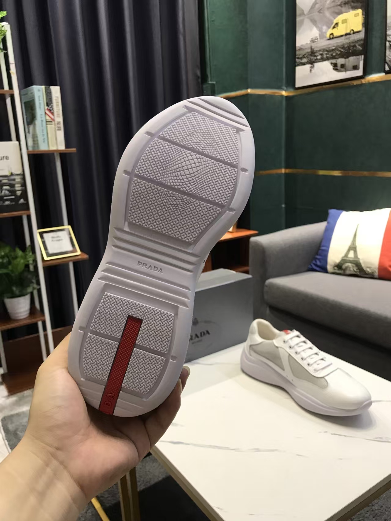 Prada Men's White & Beige Patent Leather & Mesh Sneaker | Lightweight Sport Luxe Shoe