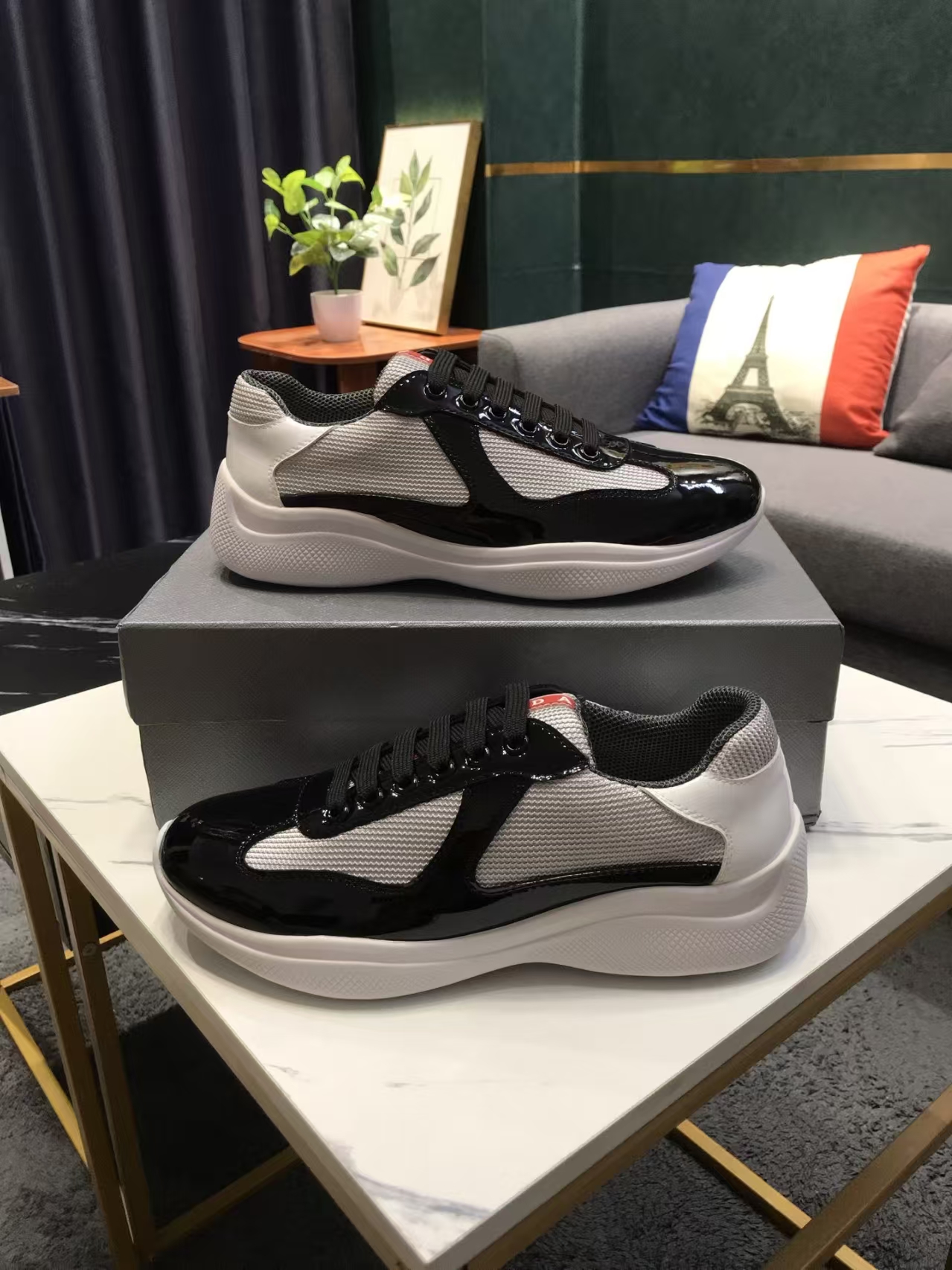 Prada Men's White & Black Patent Leather & Mesh Sneaker | Classic Contrast Sport Shoe