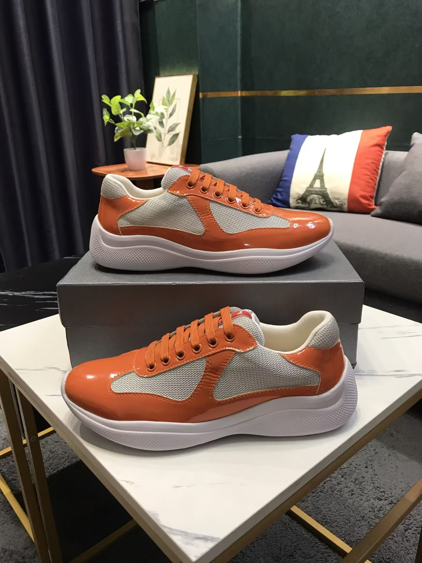 Prada Men's White & Orange Patent Leather & Mesh Sneaker | Energetic Sport Luxe Shoe