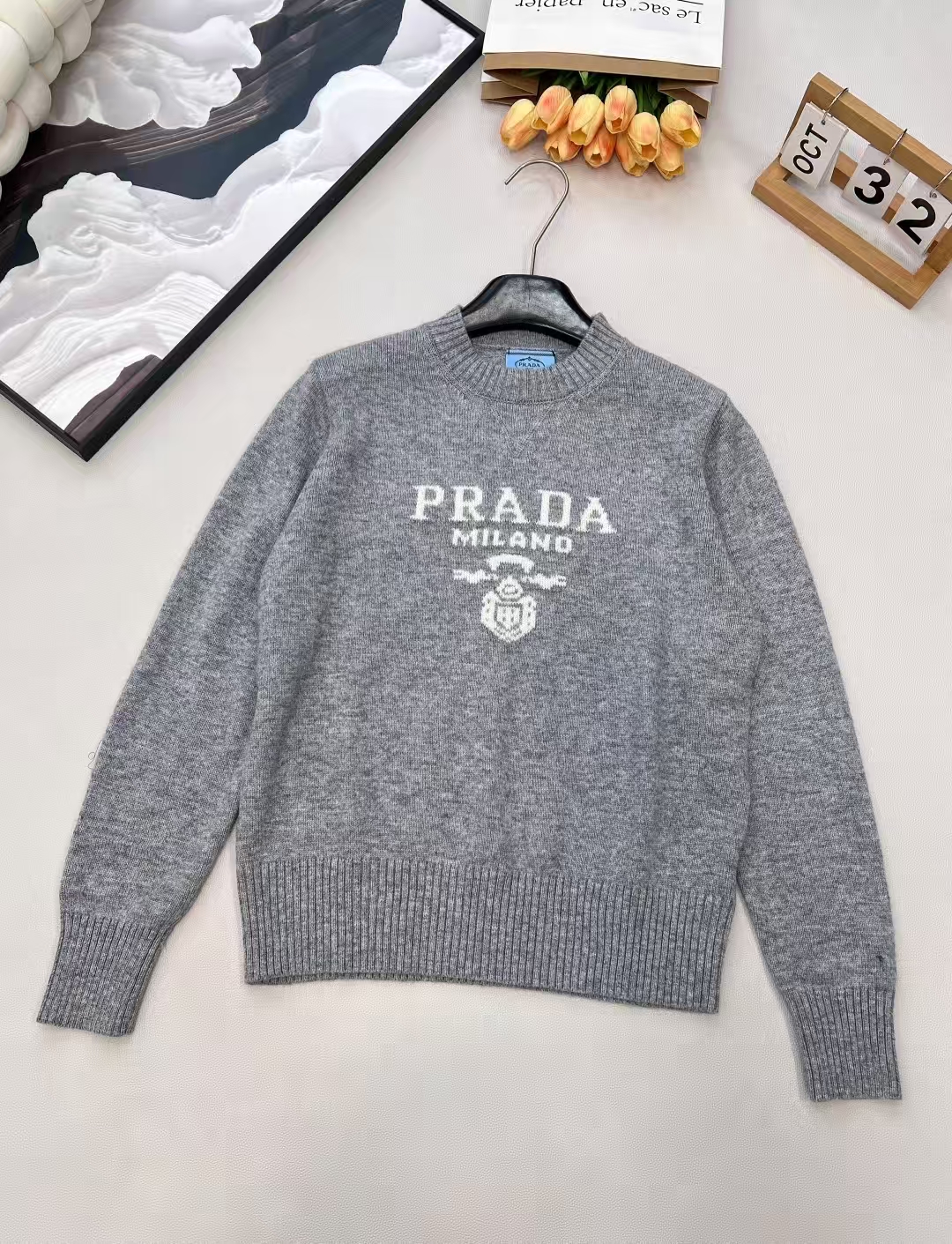 Prada Grey Cashmere & Wool Sweater | Intarsia Logo & Classic Men's Fit