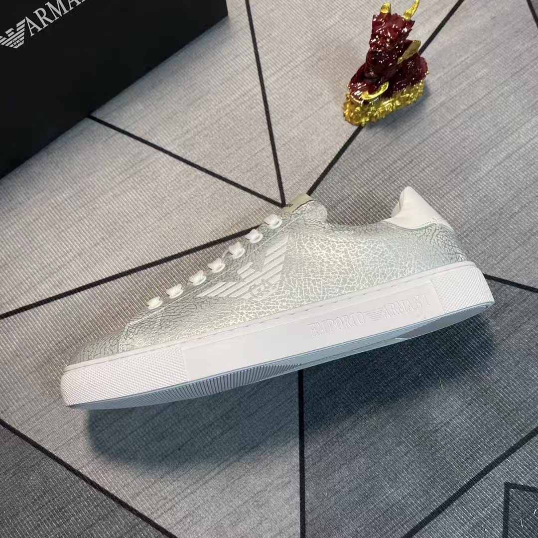 Emporio Armani White Base Silver Calfskin Casual Sneaker | Metallic Two-Tone Leather Athletic Shoe