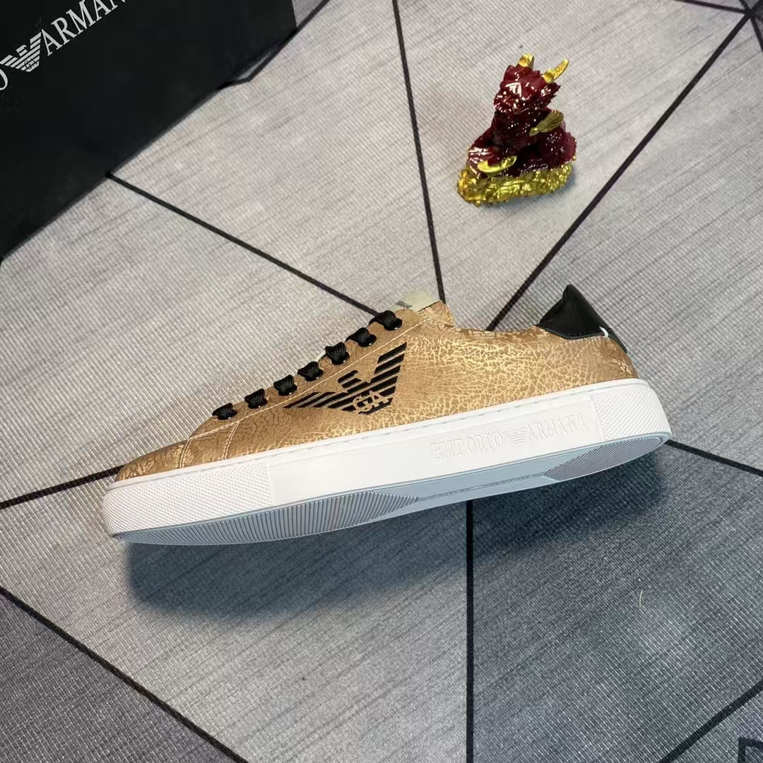 Emporio Armani White Base Gold Calfskin Casual Sneaker | Metallic Two-Tone Leather Athletic Shoe