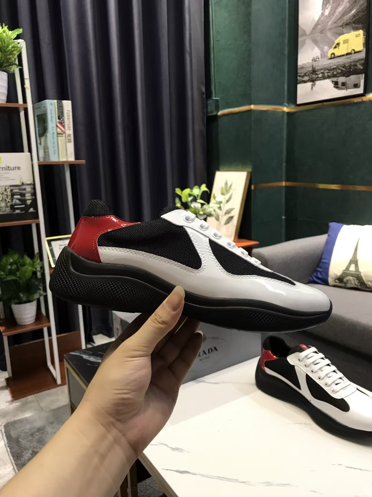 Prada Men's Black, White & Red Patent Leather & Mesh Sneaker | Triple-Color Sport Luxe Shoe