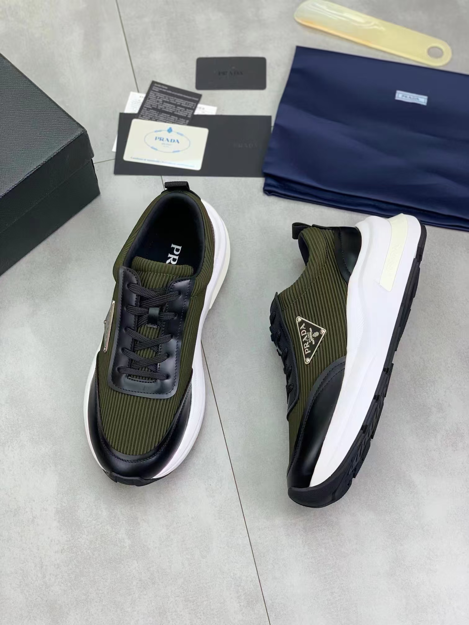 Prada New Arrival Men's White & Olive Leather Sneaker | Premium Casual Athletic Shoe