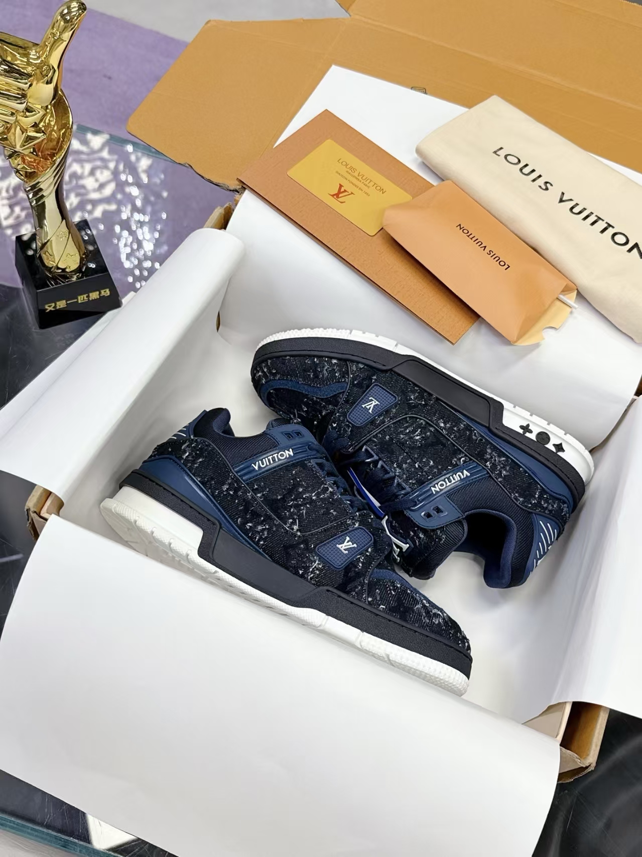 Louis Vuitton Trainer Low Sneaker in Navy | Hook-and-Loop Strap Casual Sport Shoe