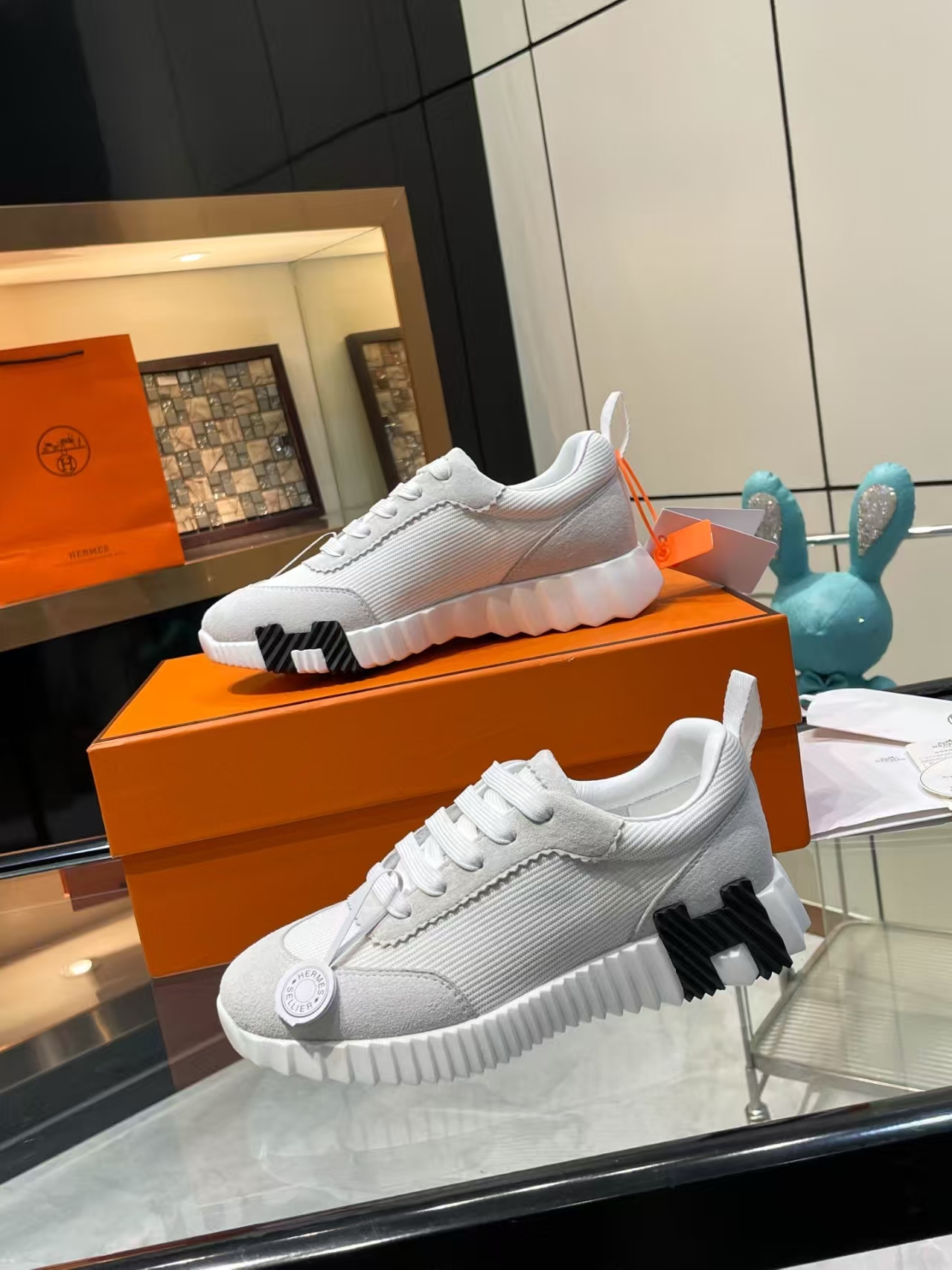 Hermès Sellier Knit Leisure Sneaker in White & Beige | Equestrian-Inspired Luxury Sport Shoe