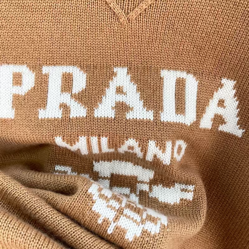 Prada Camel Cashmere & Wool Sweater | Intarsia Logo, Classic Men's Fit