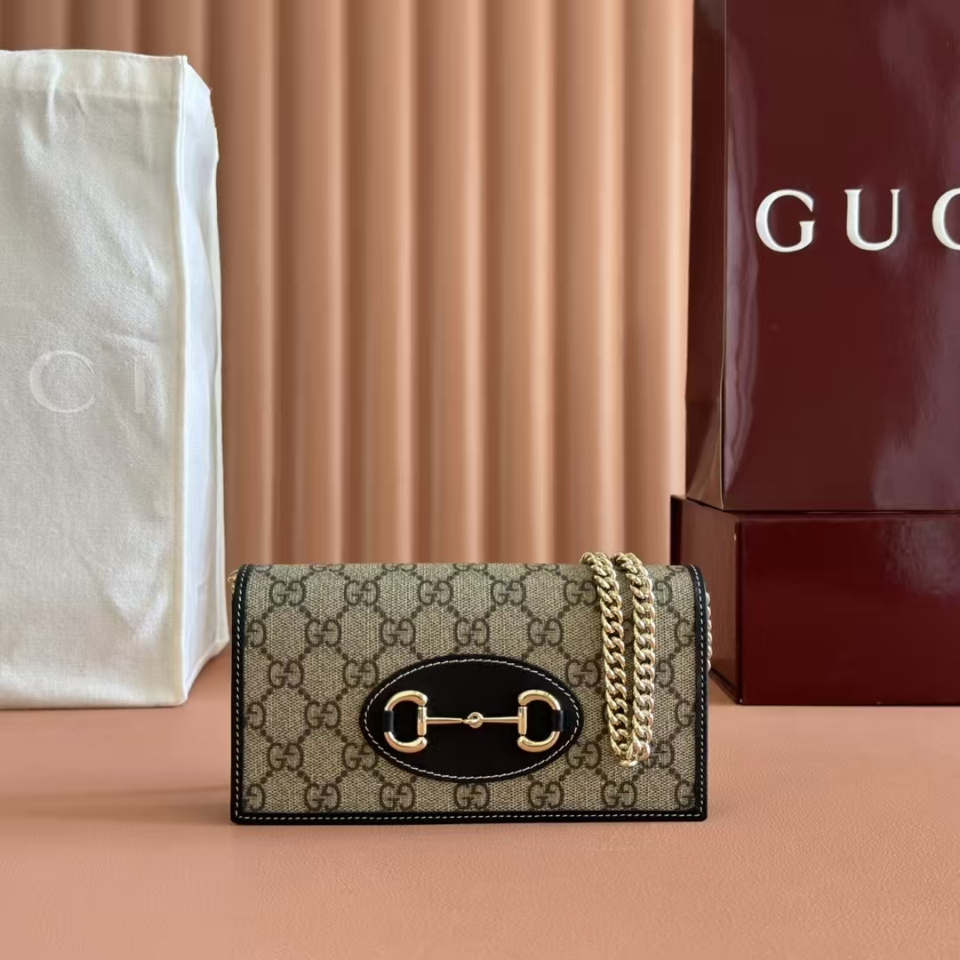Gucci Horsebit 1955 Chain Wallet | Beige & Dark Brown GG Monogram Coated Fabric
