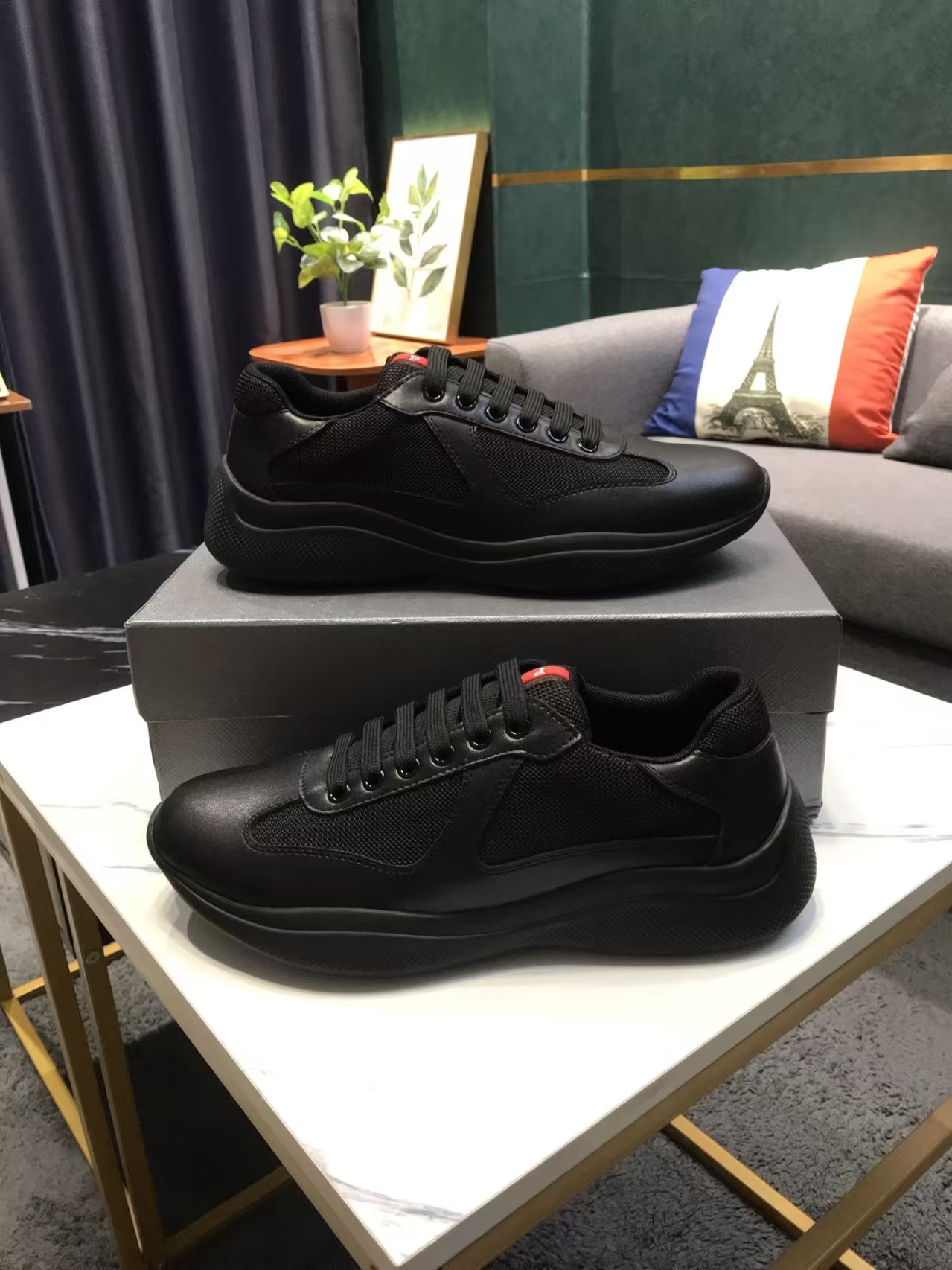 Prada Men's All-Black Patent Leather & Mesh Sneaker | Monochromatic Sport Luxe Shoe