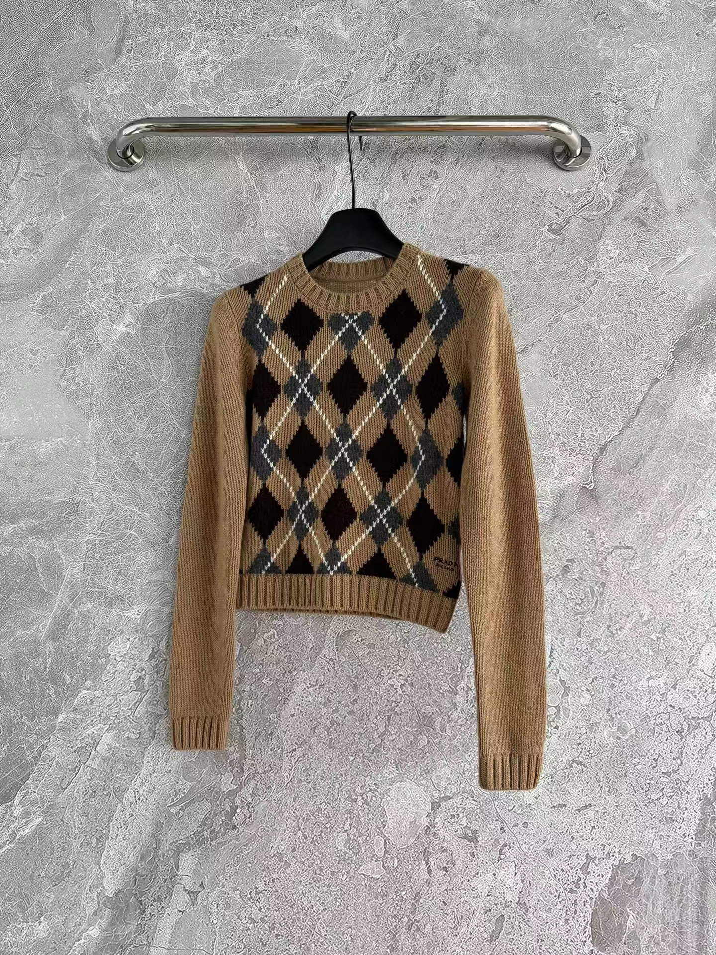 Prada Camel Cashmere Sweater | Jacquard Knit & Slim Tailored Fit