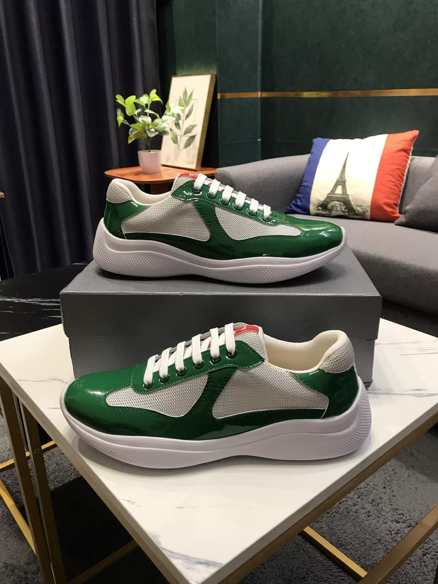 Prada Men's White & Green Patent Leather & Mesh Sneaker | Fresh Sport Luxe Shoe