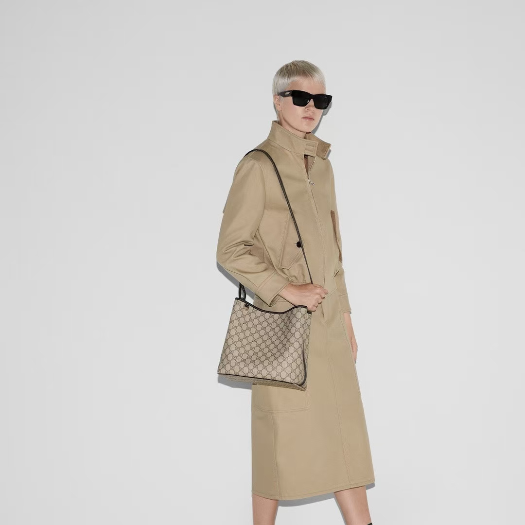 Gucci GG Emblem Medium Bucket Bag | Beige & Dark Brown GG Monogram Coated Fabric