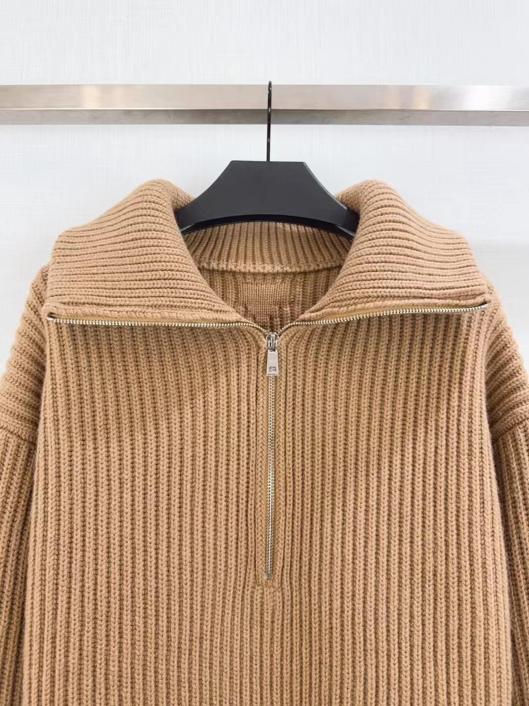 Prada Camel Ribbed Cashmere Sweater | Oversized Fit & Leather Elbow Patche