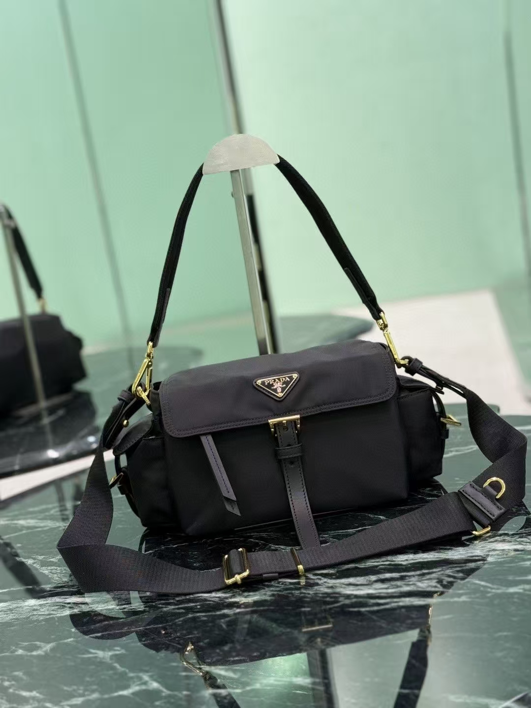 Prada Black Medium Explore Shoulder Bag | Re-Nylon, Quilted Handles & Multi-Pocket Design