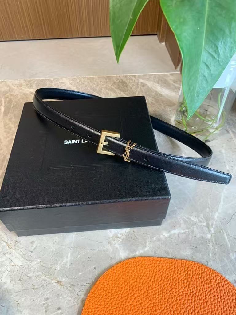 YSL Cassandre Square Buckle Belt - Narrow Grained Leather Strap