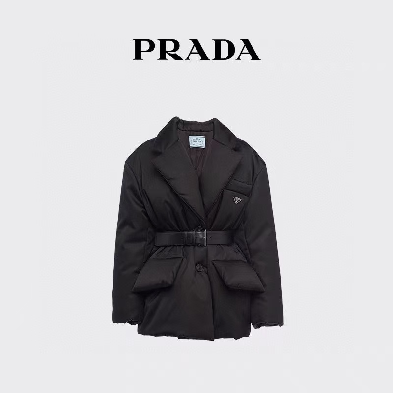 Prada Black Re-Nylon Down Jacket | Tailored Lapel & Leather Belt