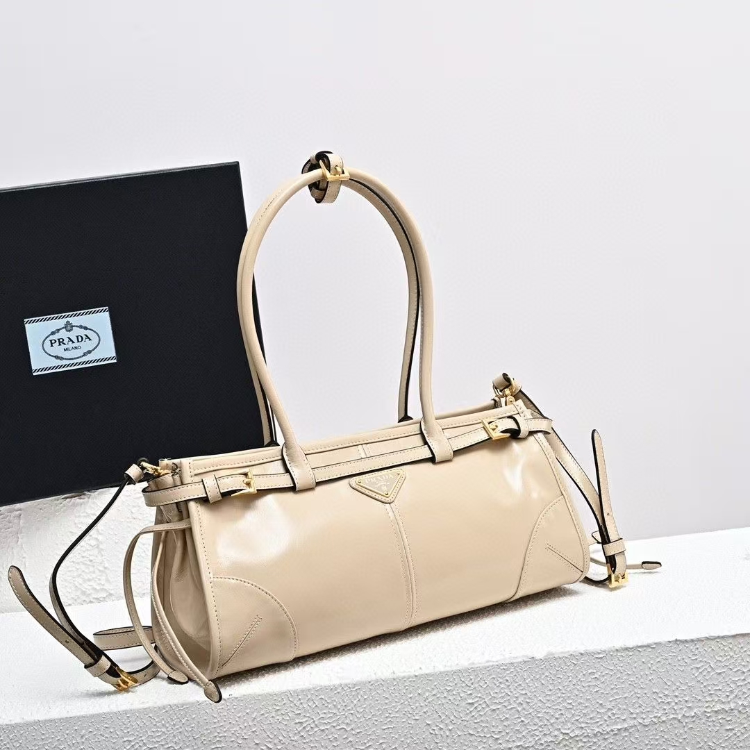 Prada Travertine Medium Bonnie Leather Bag | Geometric Design & Elevated Neutral Tone