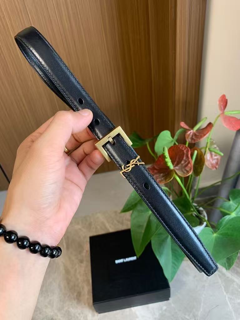 YSL Cassandre Square Buckle Belt - Narrow Grained Leather Strap