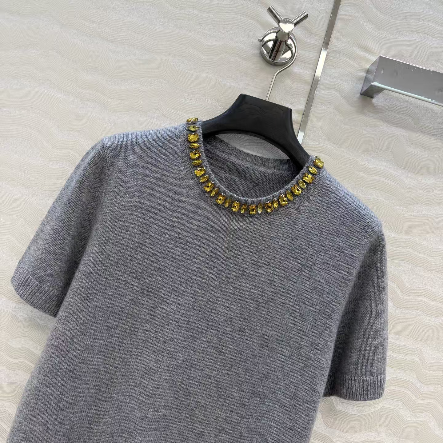 Prada Grey Wool & Cashmere Sweater | Crystal-Embellished Neckline