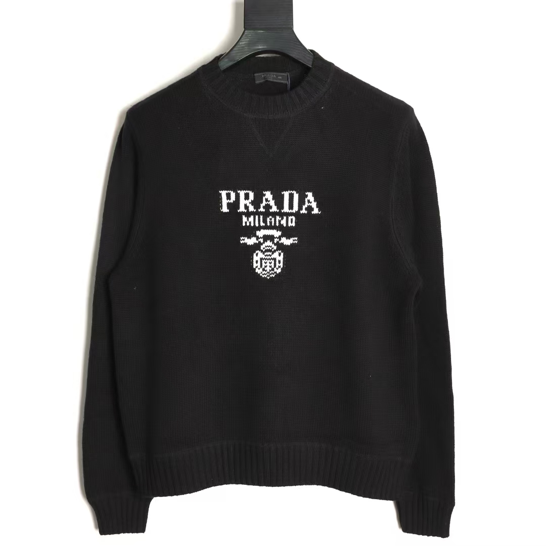 Prada Blue Wool & Cashmere Sweater | Contrast Intarsia Logo & Boxy Fit