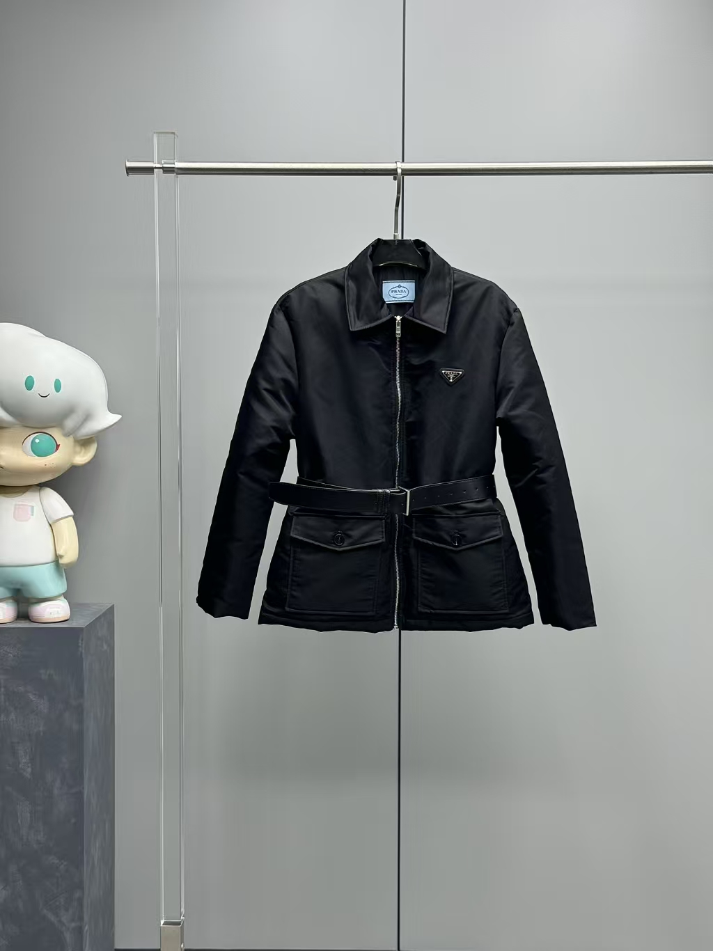 Prada Black Recycled Nylon Down Jacket | Leather Belt & Soft Silhouette