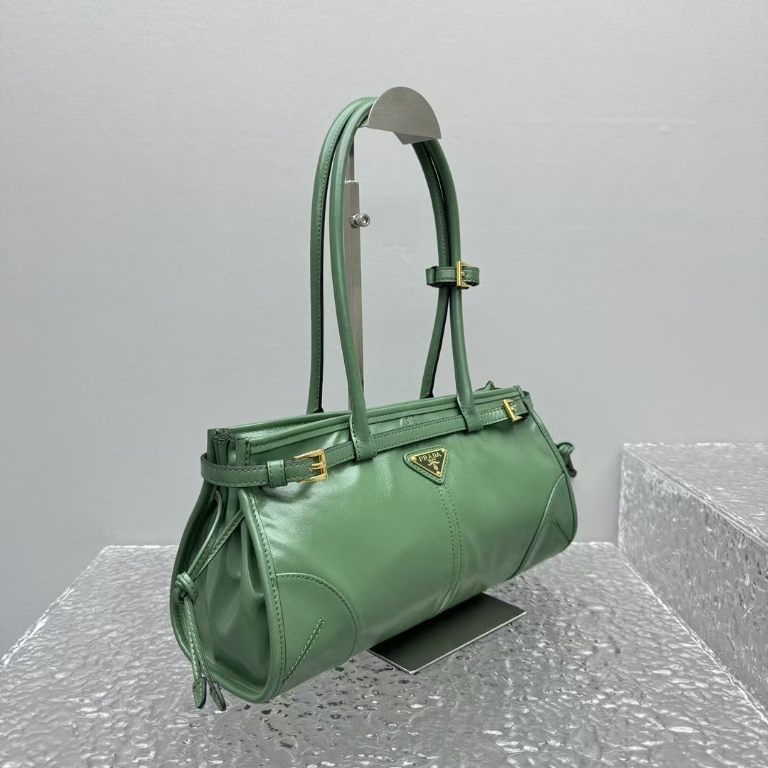 Prada Sage Medium Bonnie Leather Bag | Geometric Design & Soft Glossy Leather