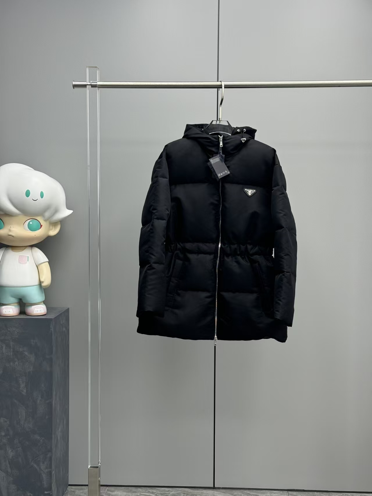 Prada Black Re-Nylon Long Down Coat | Hooded Wrap Silhouette & Waist Drawstring