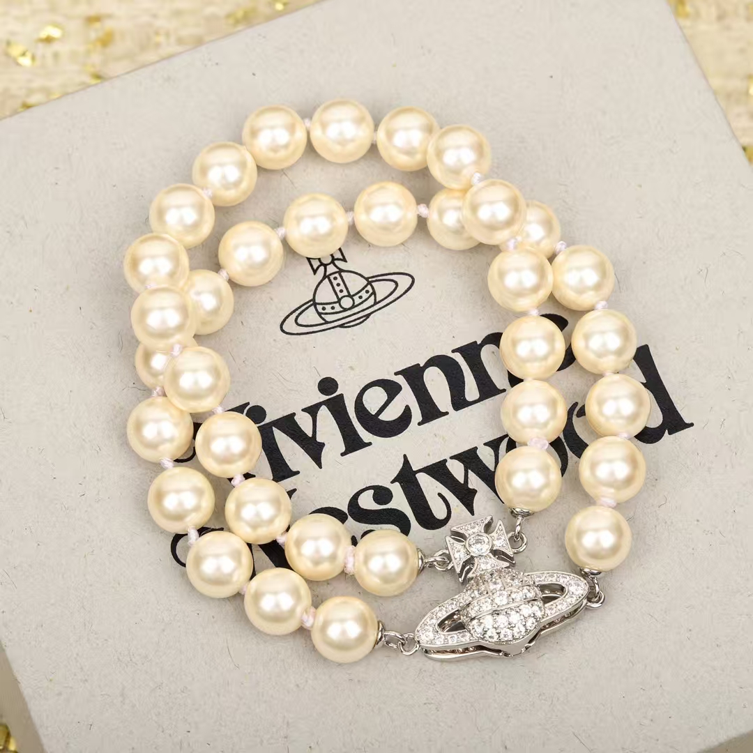 Vivienne Westwood Full-Crystal Saturn Double-Layer Pearl Bracelet
