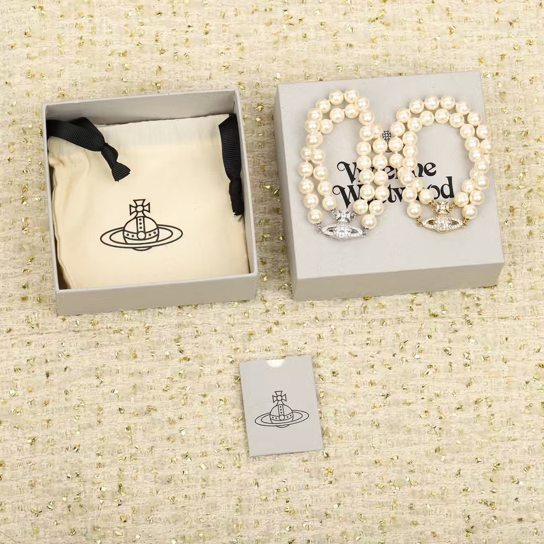 Vivienne Westwood Full-Crystal Saturn Double-Layer Pearl Bracelet