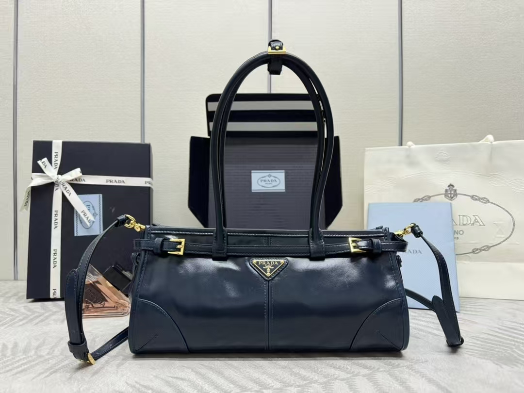 Prada Denim Blue Medium Bonnie Leather Bag | Geometric Design & Casual Chic Style