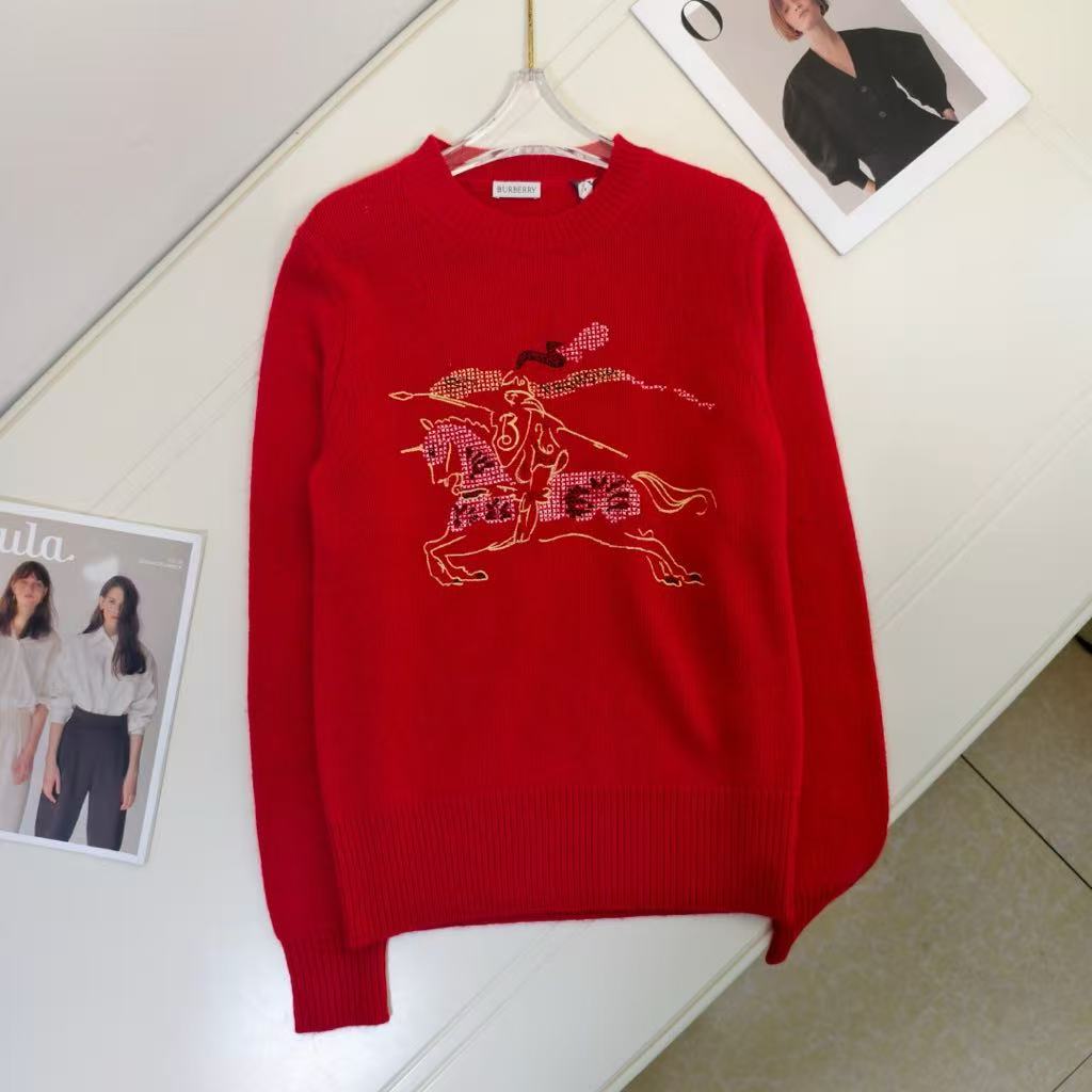Burberry Cross-Stitch Equestrian Knight Emblem Wool Blend Knit Sweater for Women