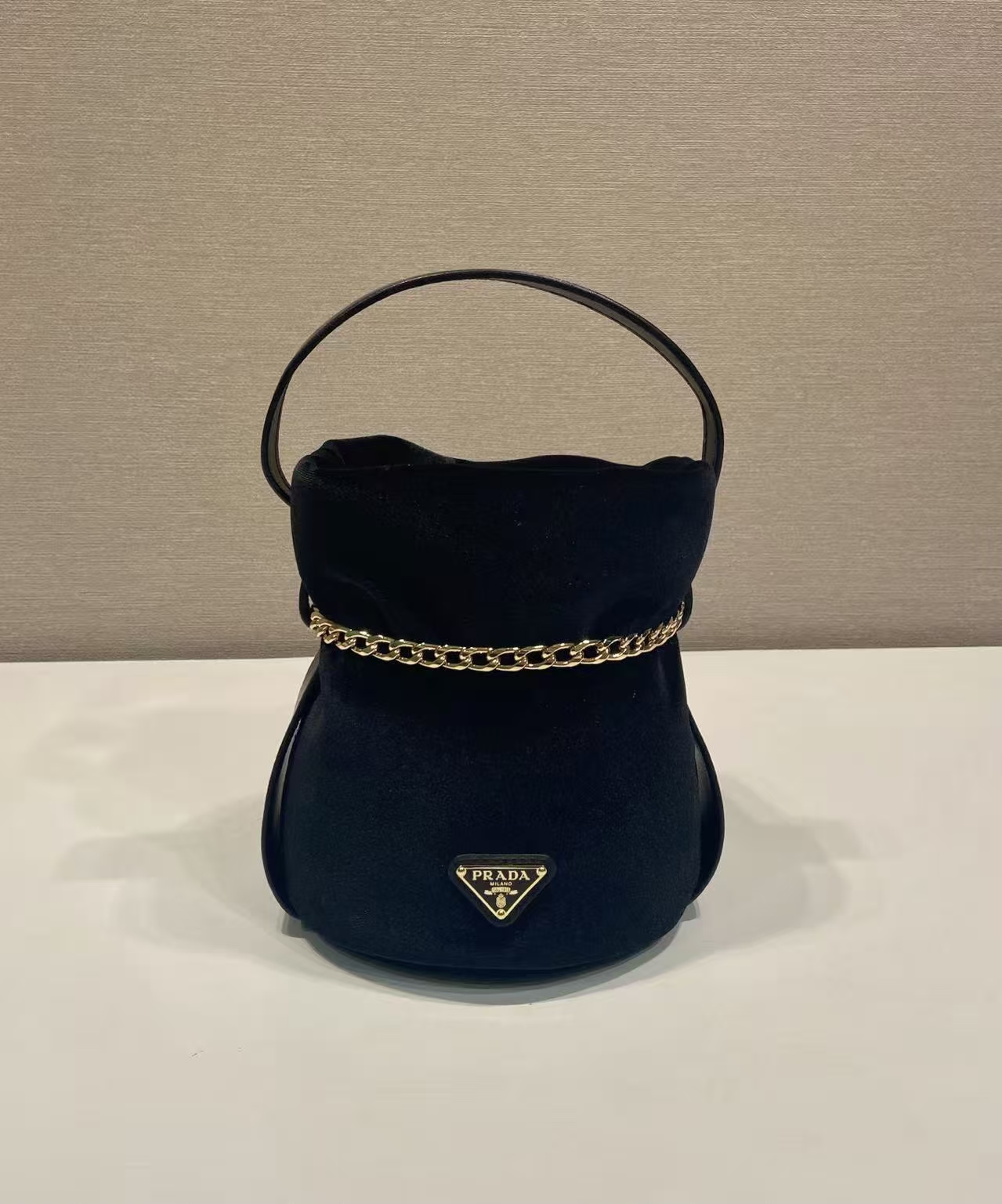 Prada Black Petit Sac Noir Mini Bucket Bag | Velvet & Nappa Leather, Chain Detail
