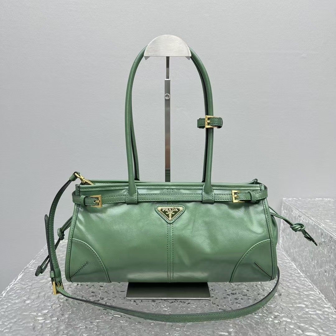 Prada Sage Medium Bonnie Leather Bag | Geometric Design & Soft Glossy Leather