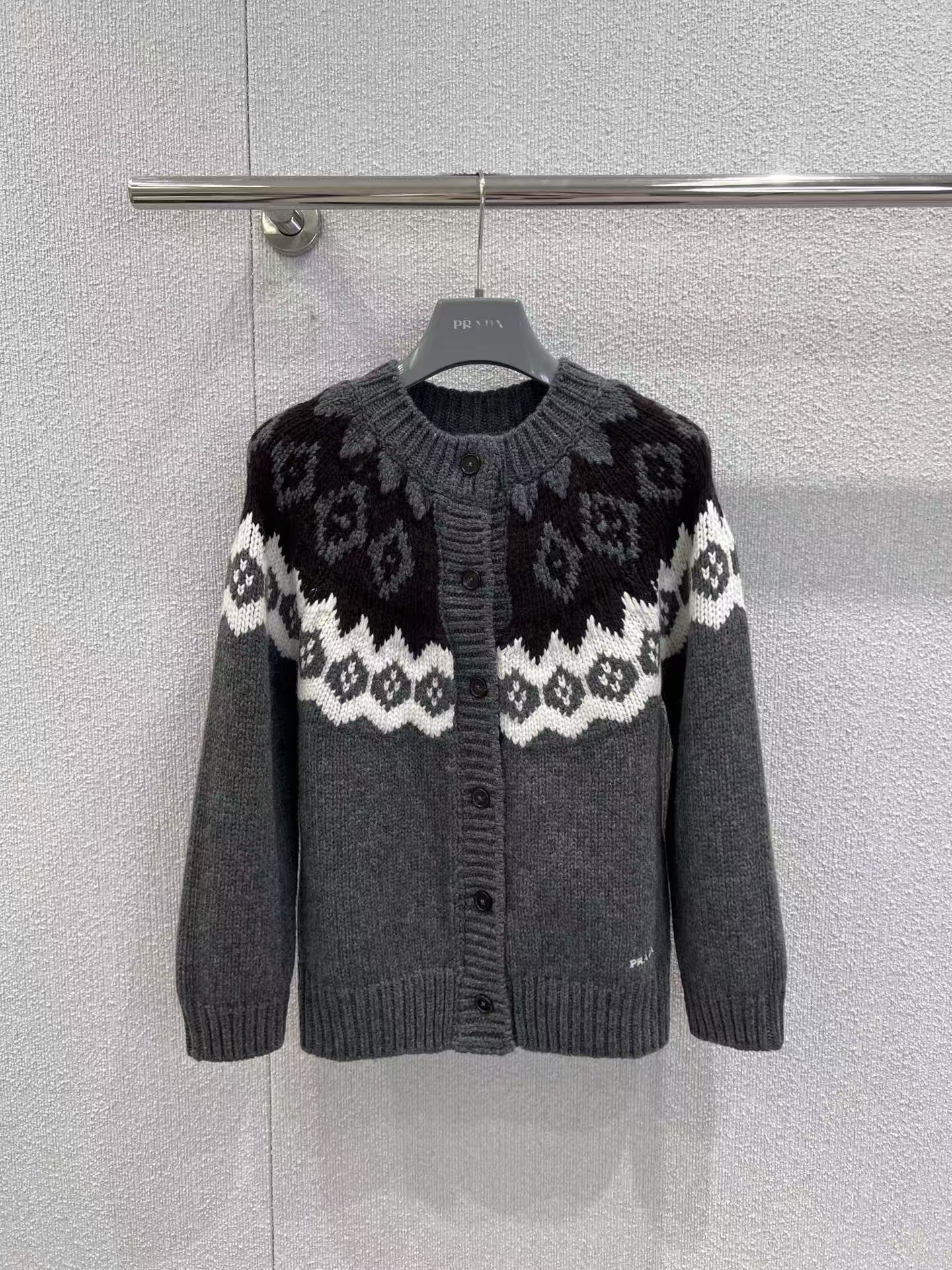 Prada Slate Grey/Natural Wool-Cashmere Cardigan | Intarsia Knit & Boxy Fit