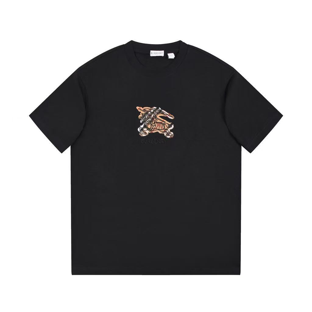 Black Burberry equestrian knight and checkered pattern cotton T-shirt - short sleeve