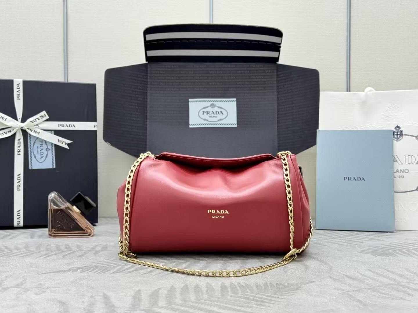 Prada Cherry Small Tumulte Leather Bag | Dynamic Pleats & Vivid Pop of Color