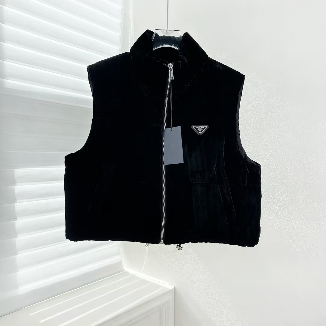 Prada Black Velvet Down Vest | Soft Silhouette & Sporty Functional Design