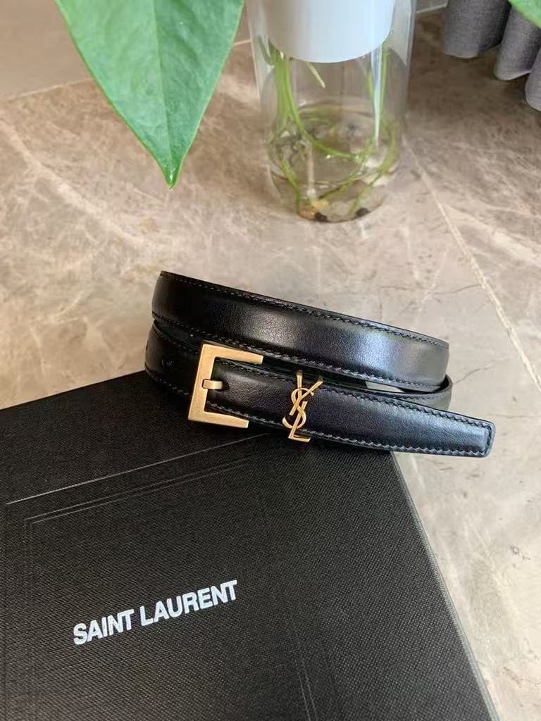 YSL Cassandre Square Buckle Belt - Narrow Grained Leather Strap